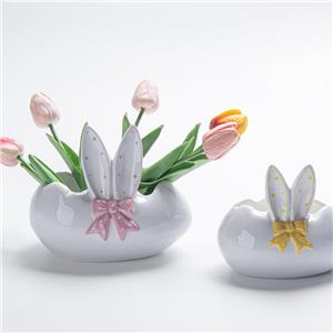 White Ceramic Cracked Egg Bunny Ear Vase | Polka Dot Bow & Rabbit Ear Accents | Spring Tabletop Decor