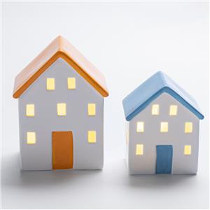 Dopamine‑Tone Light‑Up Ceramic House Figurine Set, Hollow Cut‑Out Windows, LED Ambient Lamp Mini House Tabletop Home Ornament