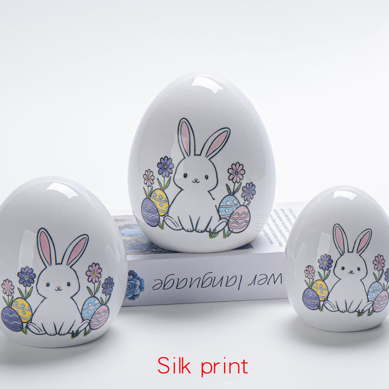 Silk Print Ceramic Easter Eggs – Cute Bunny & Flower Pattern Decorative Egg Figurines