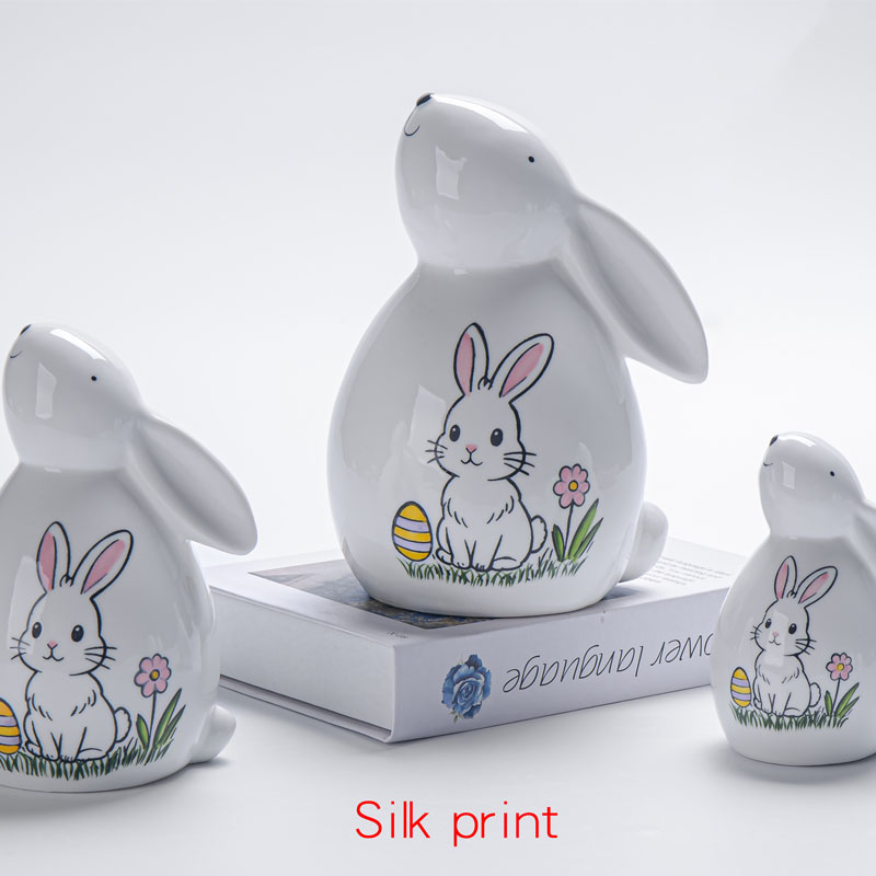 White Ceramic Rabbit Easter Figurine | Silk Print Bunny & Egg Pattern | Fresh Spring Gift