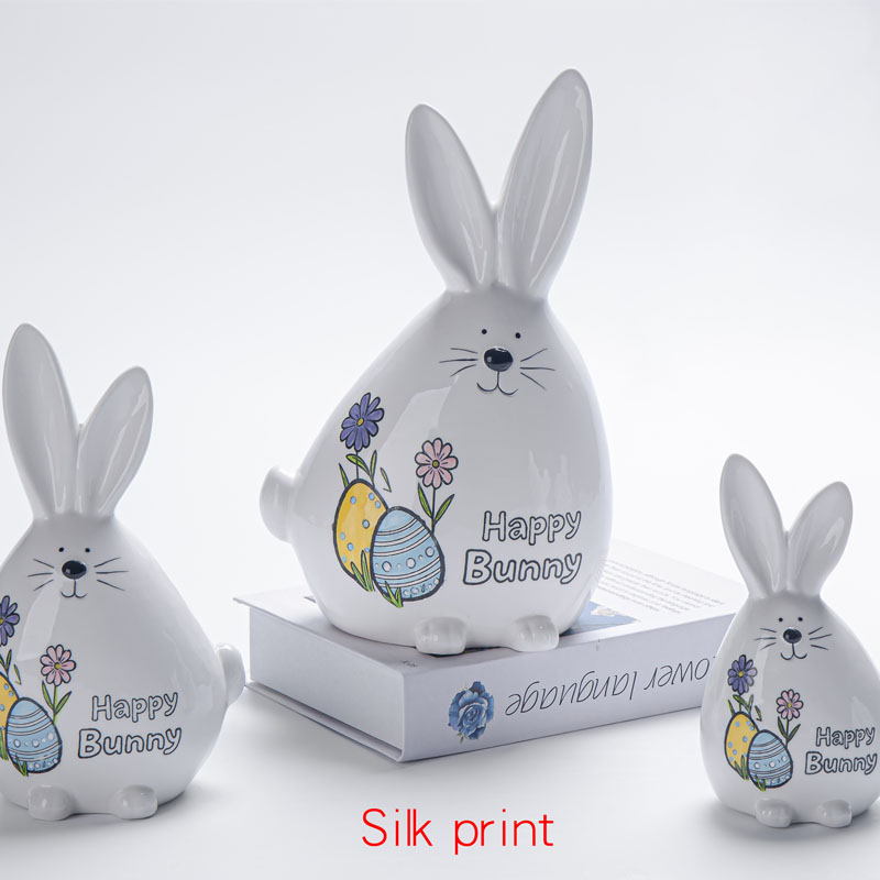 Glossy Ceramic Cute‑Faced Easter Bunny Figurine Set, Silk‑Print Floral & Easter Egg Pattern Spring Tabletop Ornament