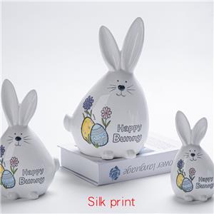 Glossy Ceramic Cute‑Faced Easter Bunny Figurine Set, Silk‑Print Floral & Easter Egg Pattern Spring Tabletop Ornament