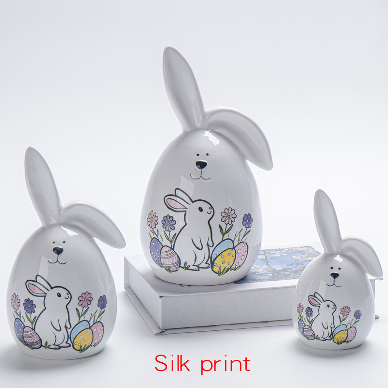 Silk Print Ceramic Bunny Figurines – One Ear Down Easter Rabbit with Egg & Flower Pattern