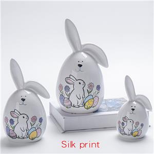 Silk Print Ceramic Bunny Figurines – One Ear Down Easter Rabbit with Egg & Flower Pattern
