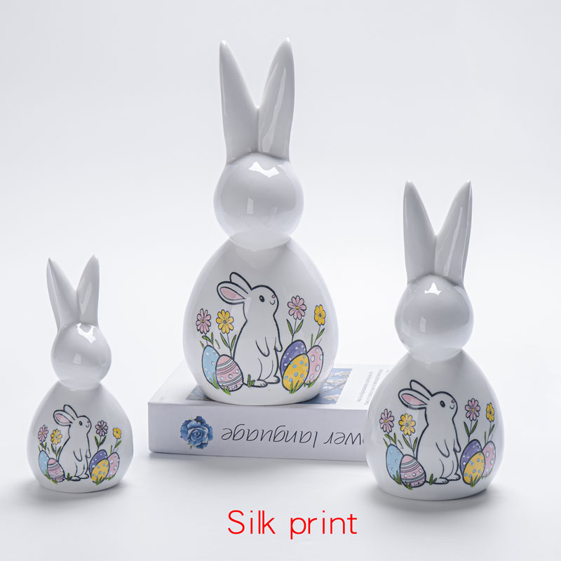White Ceramic Long-Eared Easter Bunny Figurine | Silk Print Playful Pattern | Easter Party Favor