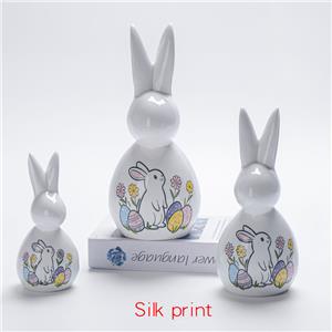 White Ceramic Long-Eared Easter Bunny Figurine | Silk Print Playful Pattern | Easter Party Favor