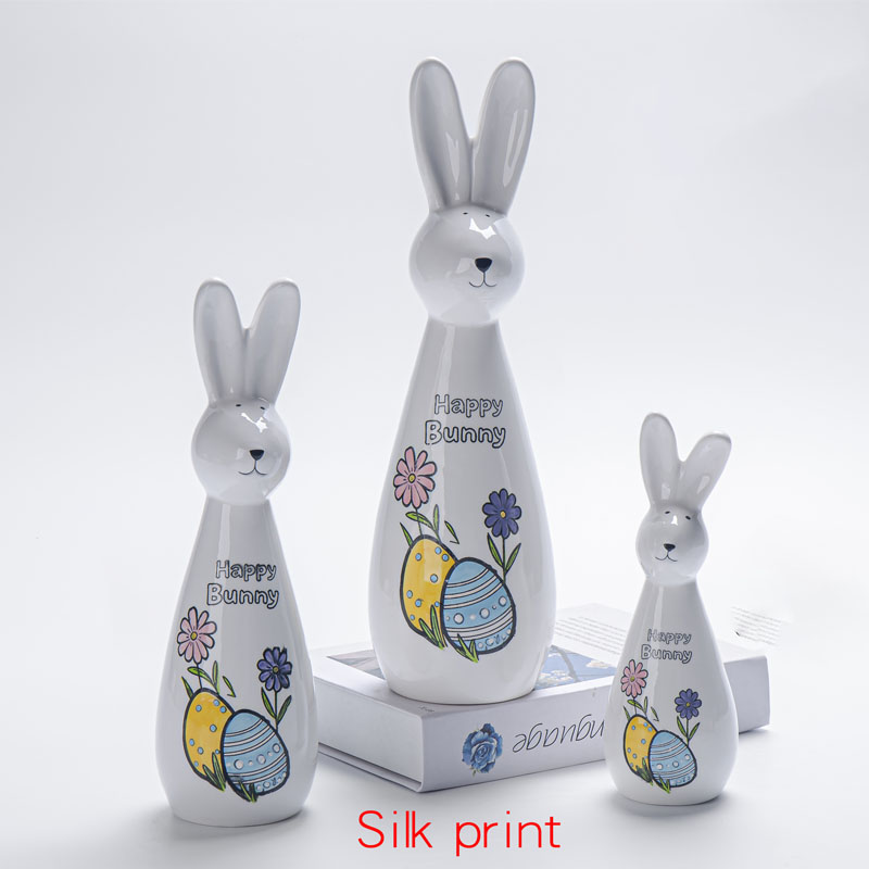 Slim Glossy Ceramic Easter Bunny Figurine Set, Silk‑Print Floral Egg Pattern for Spring Table Home Decor