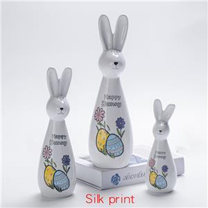 Slim Glossy Ceramic Easter Bunny Figurine Set, Silk‑Print Floral Egg Pattern for Spring Table Home Decor