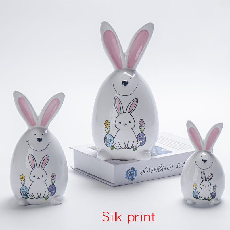 Silk Print Ceramic Easter Bunnies – Smiling Egg-Shaped Rabbit with Pink Ears & Bunny Print