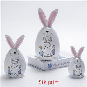 Silk Print Ceramic Easter Bunnies – Smiling Egg-Shaped Rabbit with Pink Ears & Bunny Print