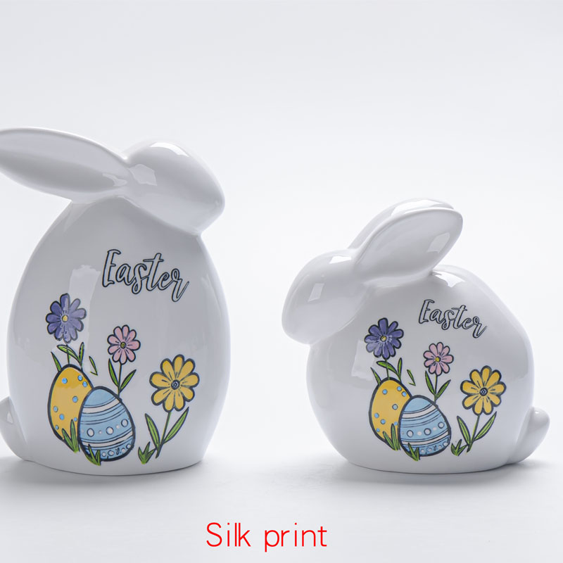 White Ceramic Droopy-Ear Rabbit Figurine | Silk Print Egg & Flower Pattern | Fresh Style Easter Tabletop Decor
