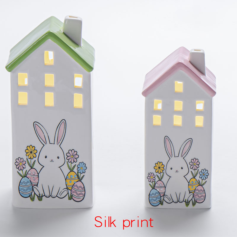 LED Ambient Light Ceramic House Figurine Set, Silk‑Print Easter Bunny Egg & Floral Pattern, Hollow Cut‑Out Window Vibe‑Creating Decorative Ornament