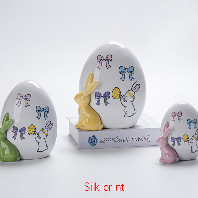 White Ceramic Silk Print Easter Egg Figurine with Rabbit & Bow Pattern | Yellow/Green/Pink 3D Rabbit Accent | Easter Party Favor
