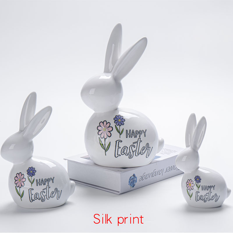 Ceramic Easter Bunny Figurine, Silk Screen Printed Daisy Floral Pattern, Minimalist Farmhouse Style Fireplace Mantel Small Spring Decor