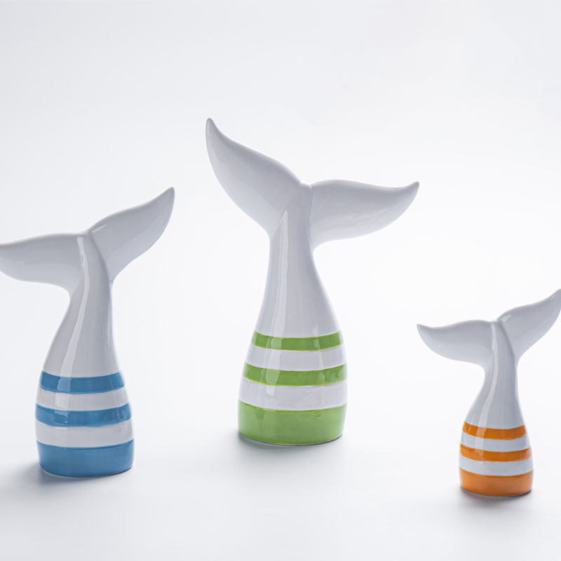 Ceramic Dopamine‑Color Striped Whale Tail Figurine Set, Ocean‑Theme Tabletop Home Decor