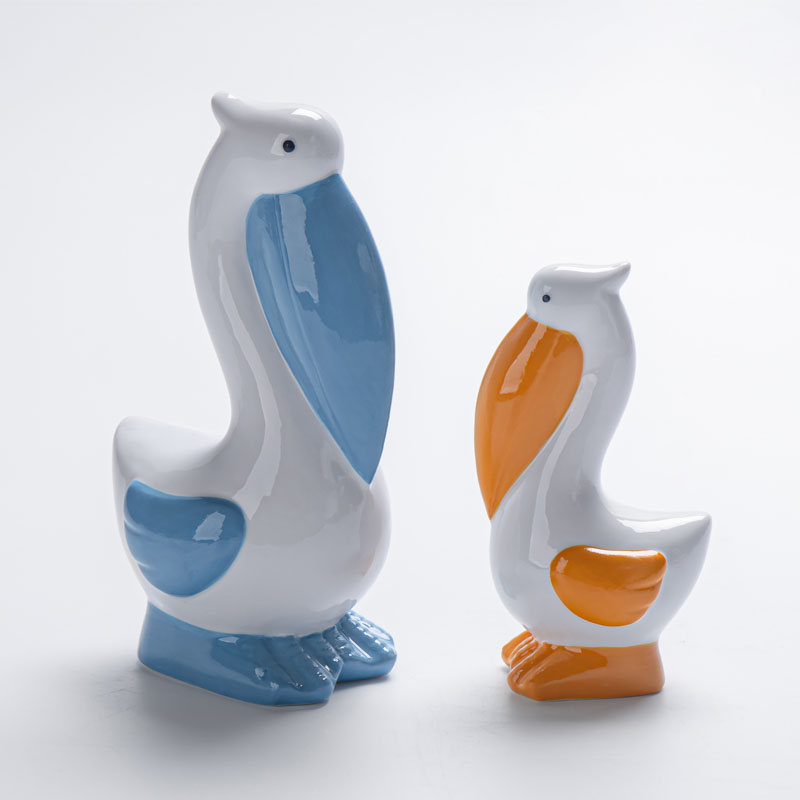 Dopamine Color Cute White Ceramic Cartoon Pelican Figurine | Rounded Big Beak Bird Ornament | Kids Room Decor