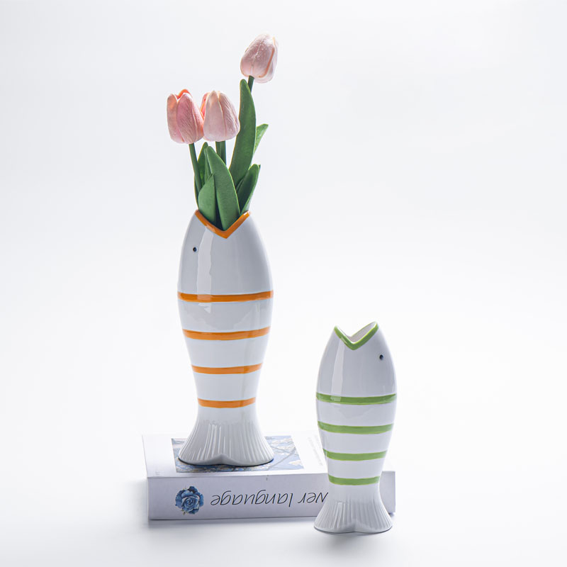White Ceramic Striped Fish Vase | Orange & Green Stripe Color Options | V-Shaped Fish Mouth Opening | Ocean Style Tabletop Figurine