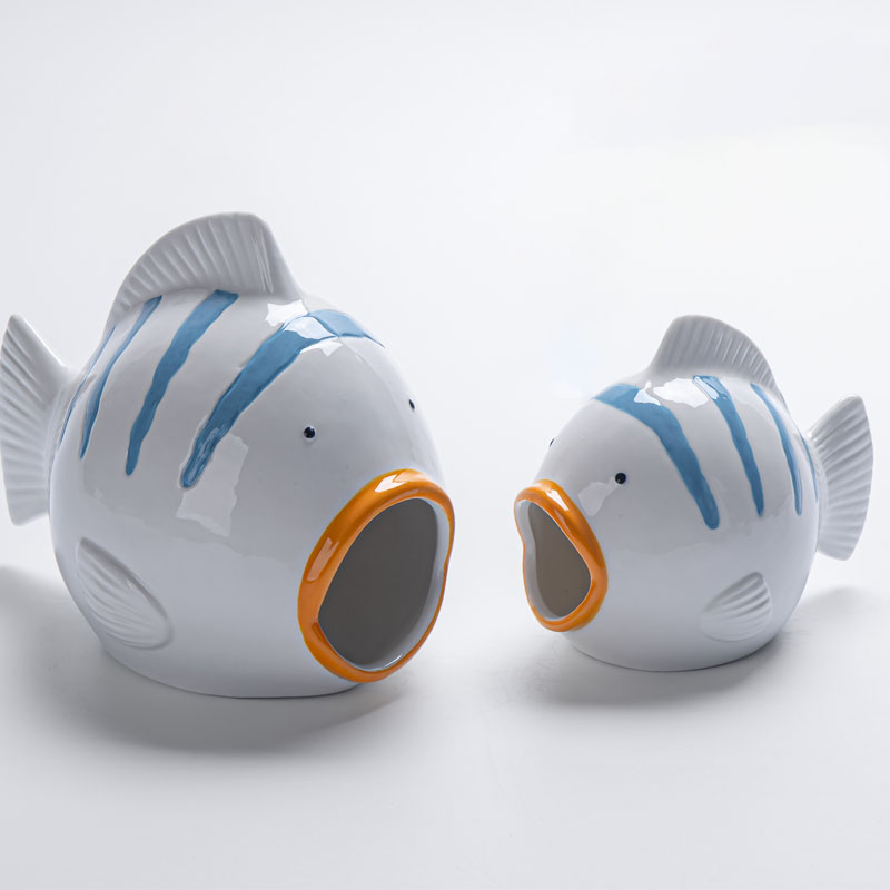 Open-Mouth Fish Ceramic Decor Figurine – Blue Striped Orange Big Mouth Coastal Ornament
