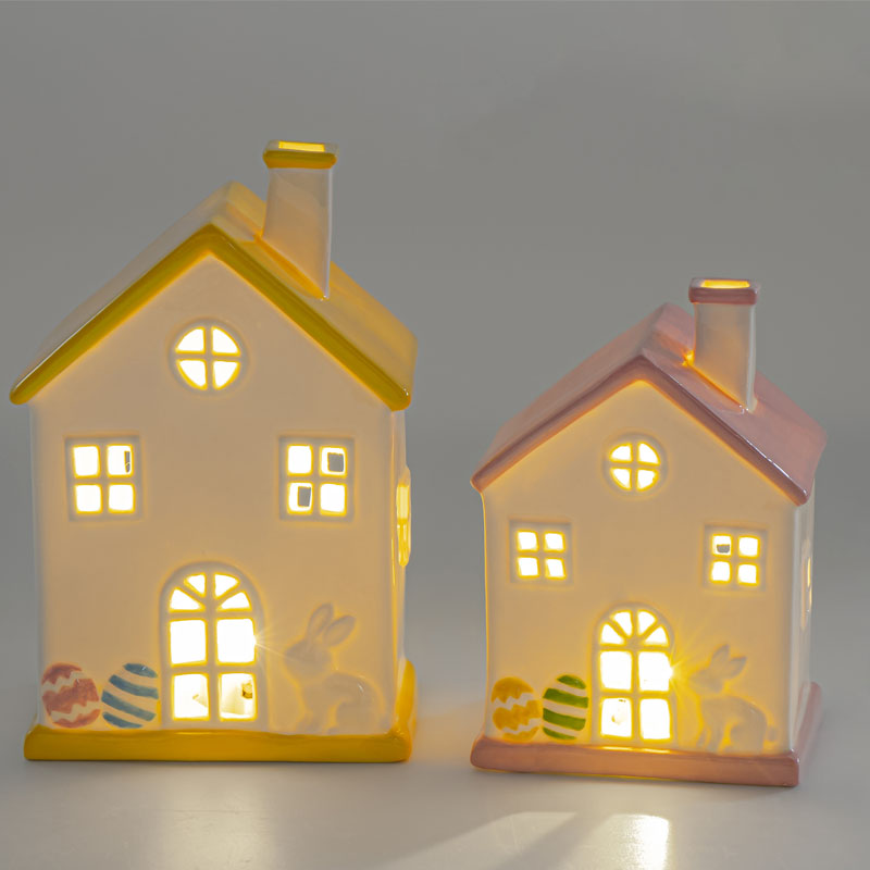 White Ceramic Easter House Cutout Night Light | 3D Rabbit & Egg Relief | Healing Gift