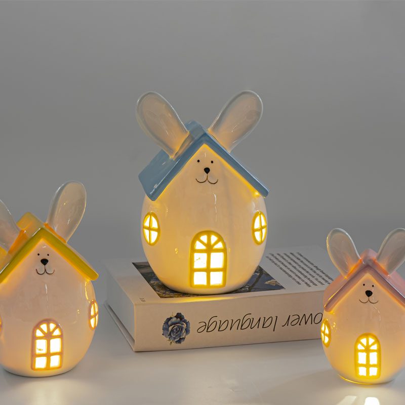 Pastel Ceramic Rabbit House LED Night Light, Spring Easter Tabletop Ornament