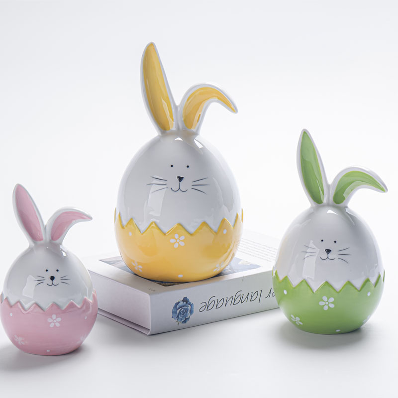 Cracked Egg Ceramic Bunny Figurines – Pink Yellow Green Easter Rabbit with Bent Ear & Floral Print