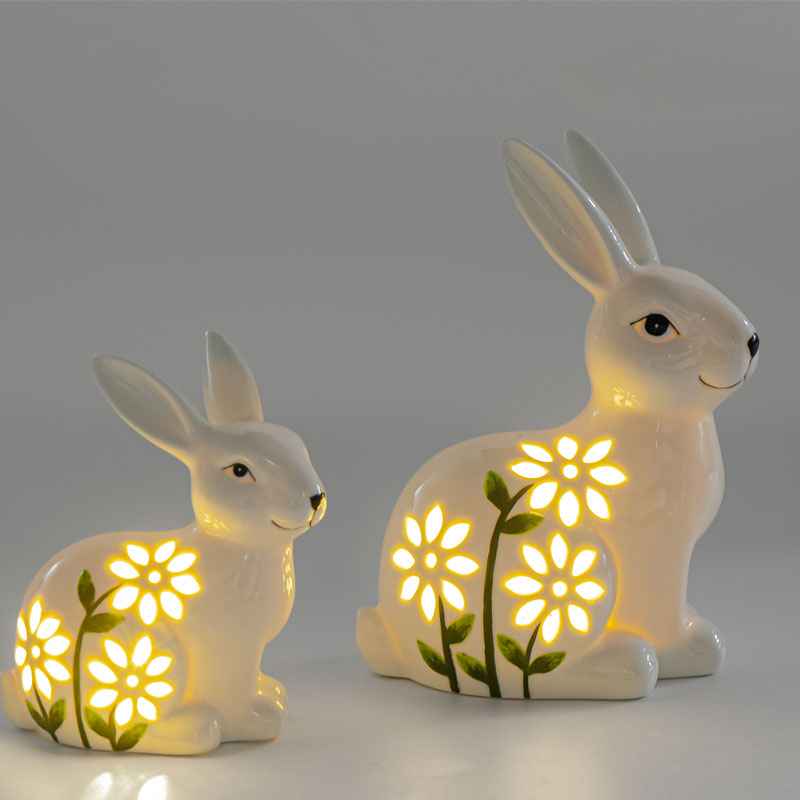 Ceramic Bunny LED Night Light Figurine Set, Floral Cut‑Out Bedside Table Ambient Home Decor