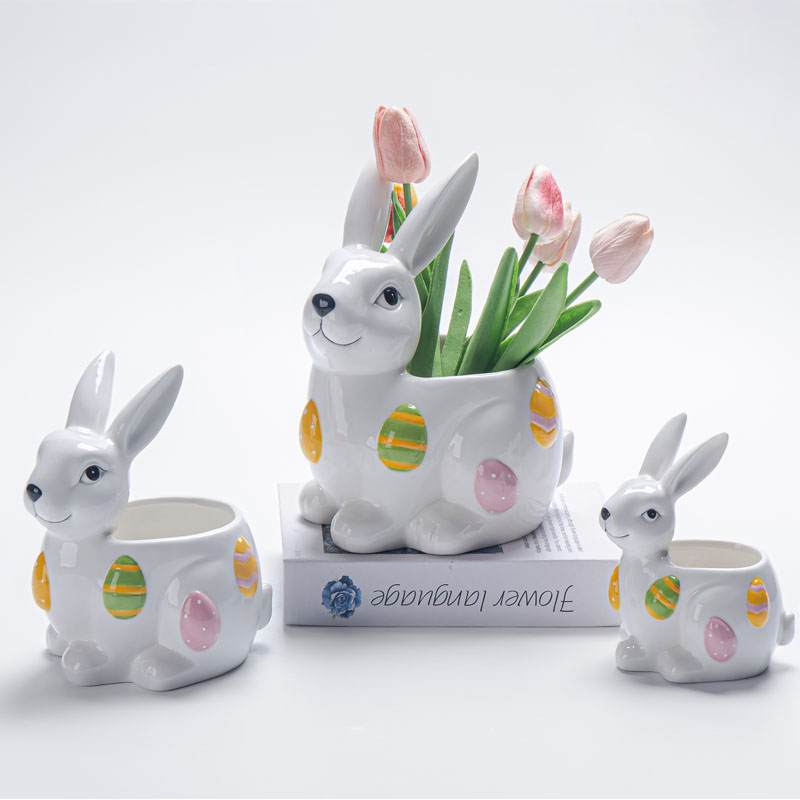 Easter Bunny Ceramic Planters – Colorful Egg Print Rabbit Flower Pot, Spring Succulent Planter Decor