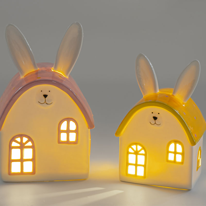 Fairytale White Ceramic Bunny Ear House Ambient Night Light | Cute Rabbit Face | Polka Dot Roof | Healing Holiday Gift