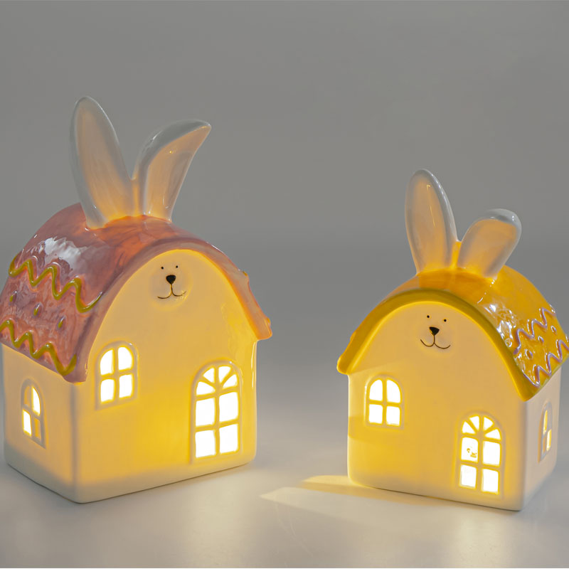 Ceramic Bunny‑Ear House LED Ambient Light Figurine Set, Wavy‑Trim Pastel‑Tone Roof, Spring Tabletop Home Decor