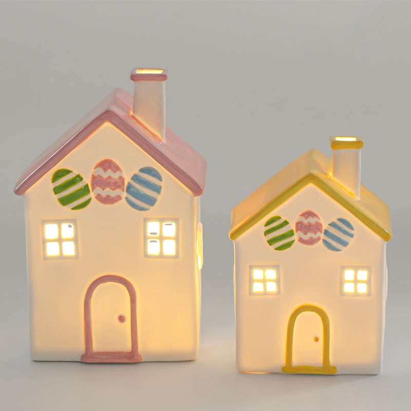 Easter Ceramic House Soft Glow LED Ambient Lamp, Pastel Macaron Tone Striped Easter Egg Embossed Decor