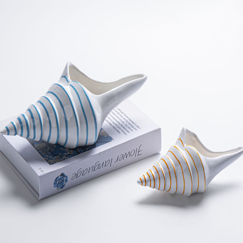 Dopamine Color Fine Stripe Conch Shaped White Ceramic Decor Figurine | Ocean Style Tabletop Decor | Summer Gift
