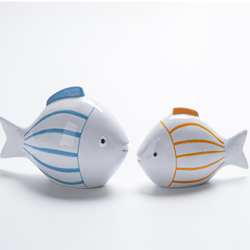 Dopamine Color Striped Ceramic Fish Figurine , Blue & Orange, Coastal Decor