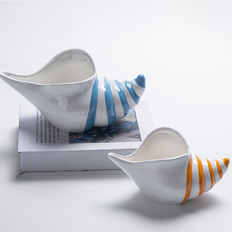 White Ceramic Striped Conch Figurine | Dopamine Color Stripes | Boat-Shaped Open Design | Ocean Style Tabletop Decor