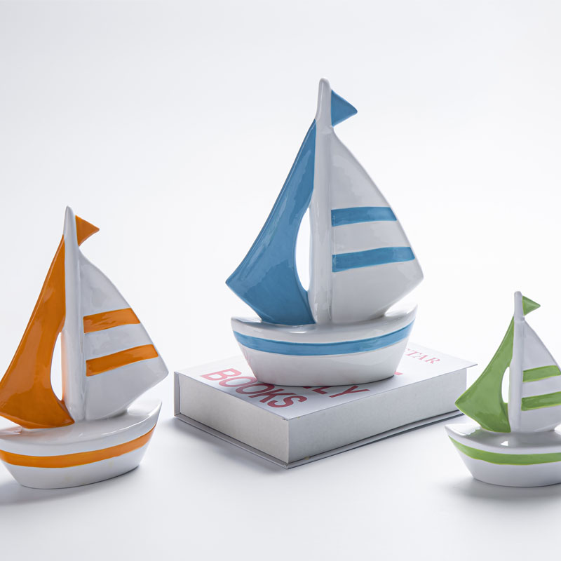 Dopamine Color Striped Sailboat Ceramic Figurine, Coastal Home Decor