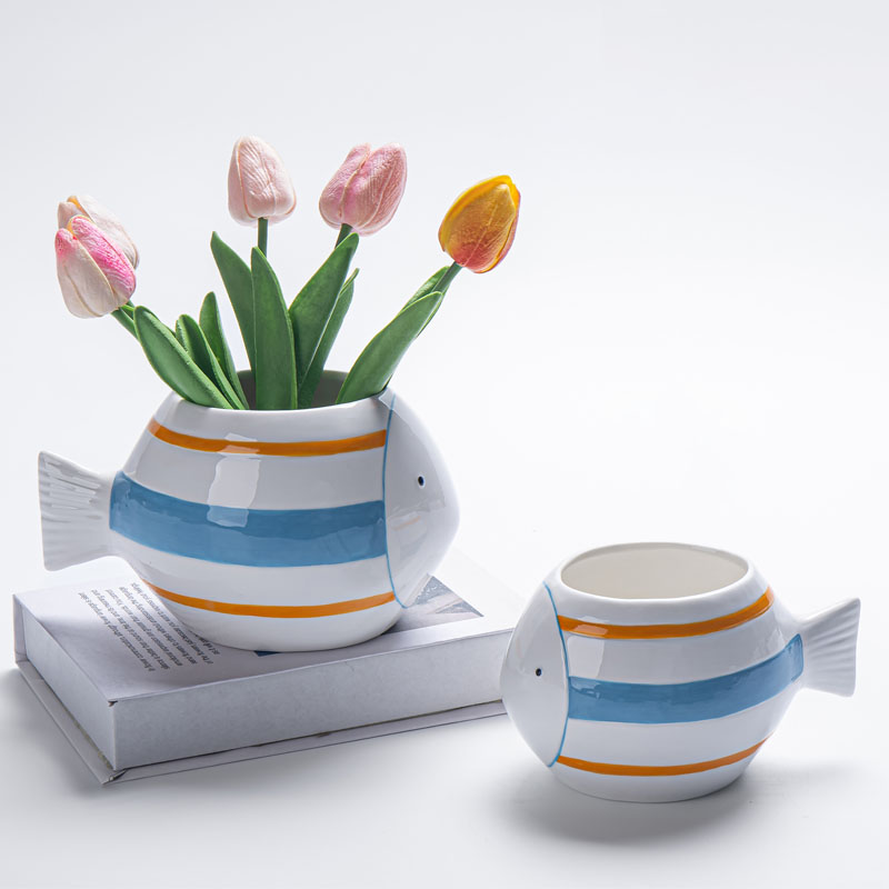 White Ceramic Chubby Striped Fish Vase | Blue & Orange Stripe Design | Fresh Ocean Style Tabletop Decor