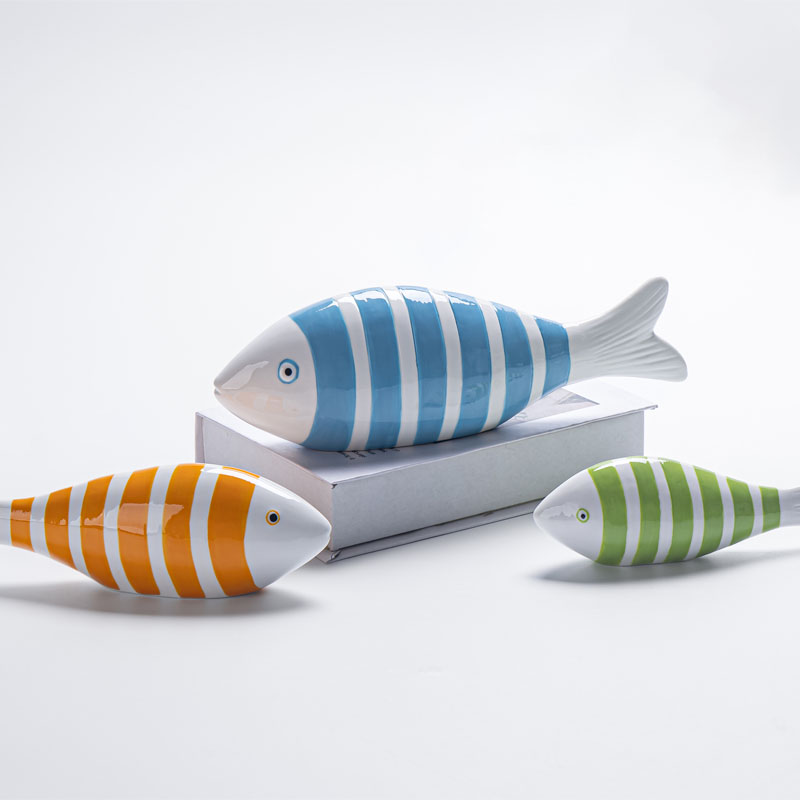 Glossy Dopamine‑Tone Striped Cute Ceramic Fish Figurine Set, Nautical‑Style Beach House Tabletop Home Decor