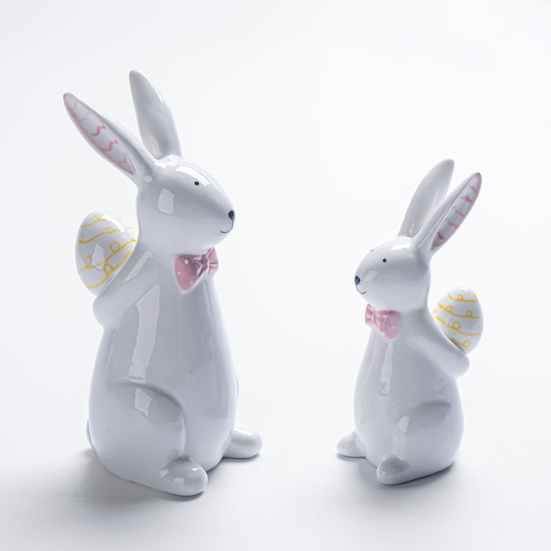 Glossy Ceramic Easter Bunny Figurine Set with Pink Bow‑Tie & Decorative Egg, Spring Tabletop Home Decor