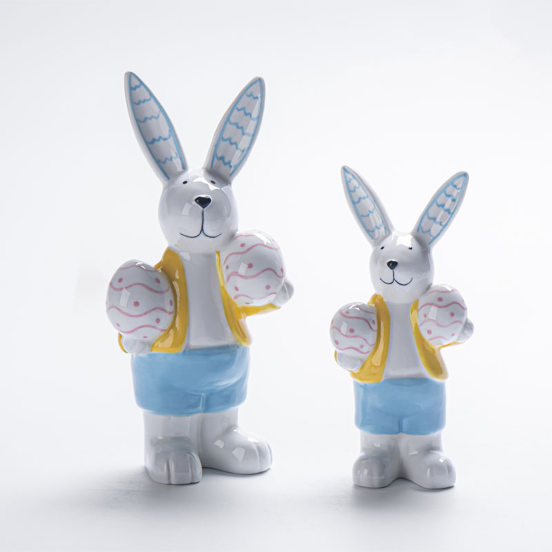 Easter Bunny Ceramic Figurine Holding Polka Dot & Wavy Eggs, Yellow & Blue
