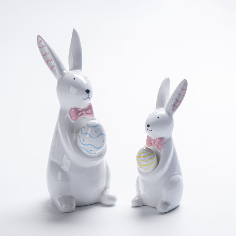 White Ceramic Easter Bunny Holding Egg Figurine | Morandi Color Polka Dot & Wave Painted Egg | Spring Gift