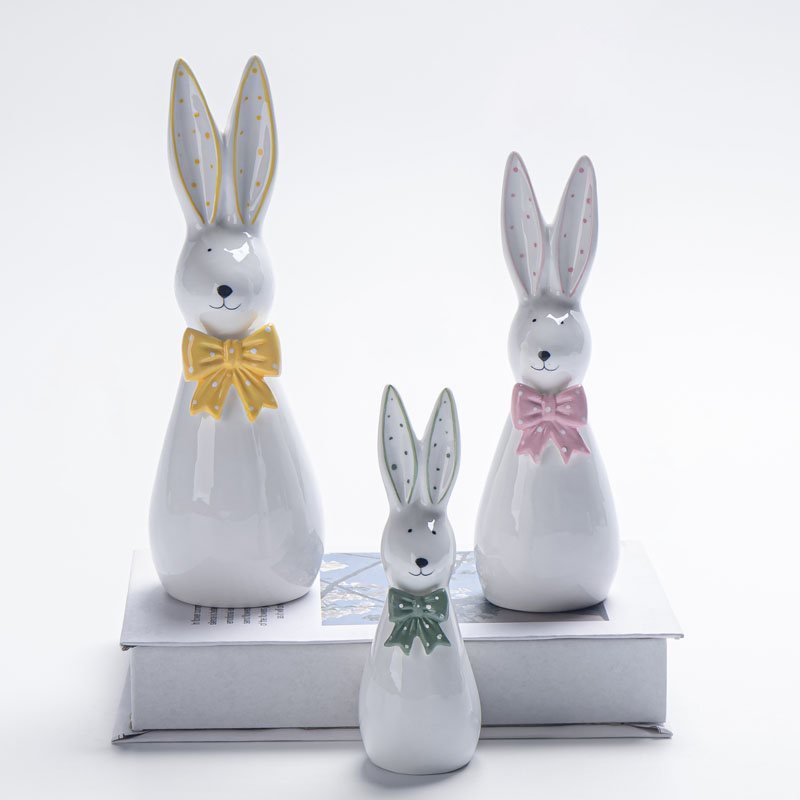 Glossy Ceramic Easter Bunny Figurine Set, Polka‑Dot Inner Ear & Colorful Bow‑Tie Spring Tabletop Home Decor