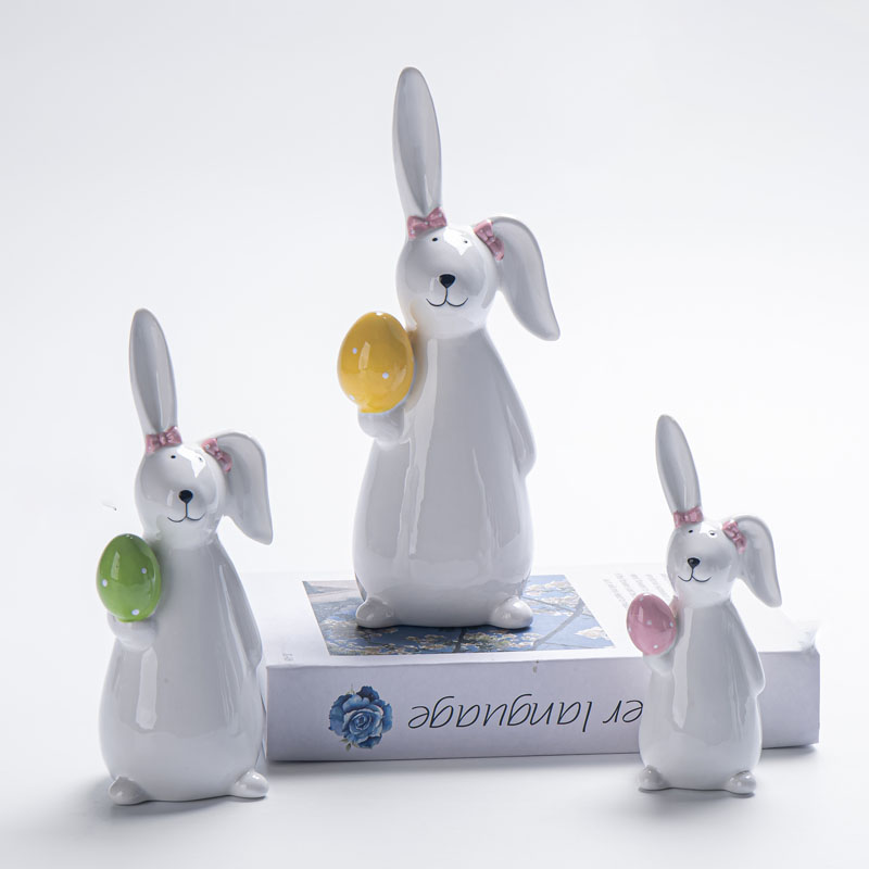 Bow Lop-Eared Bunny Holding Easter Egg Ceramic Decor Figurine, Dopamine Color Eggs