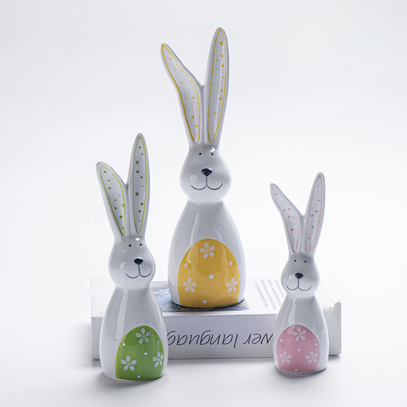 White Ceramic Long-Eared Rabbit Painted Easter Figurine | Fresh Style Polka Dot Ears | Party Favor