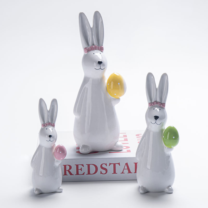 Glossy Ceramic Easter Bunny Figurine Set with Pink Head Bow, Holding Polka‑Dot Easter Egg, Spring Tabletop Home Decor