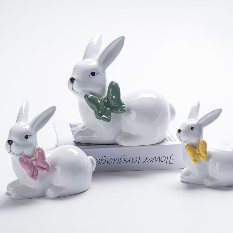 Lying Bunny with Polka Dot Bow Ceramic Decor Figurine, Soft Tone Spring Tabletop Ornament