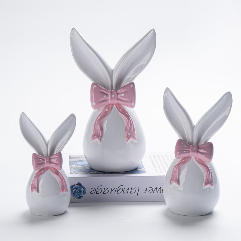 White Ceramic Bunny Ear Egg-Shaped Figurine | Pink & White Polka Dot 3D Bow | Sweet Gift