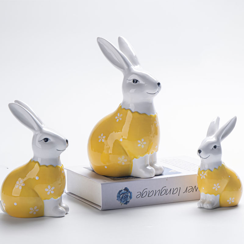 Yellow Floral Ceramic Easter Bunny Ornament Set, Spring Tabletop Decoration