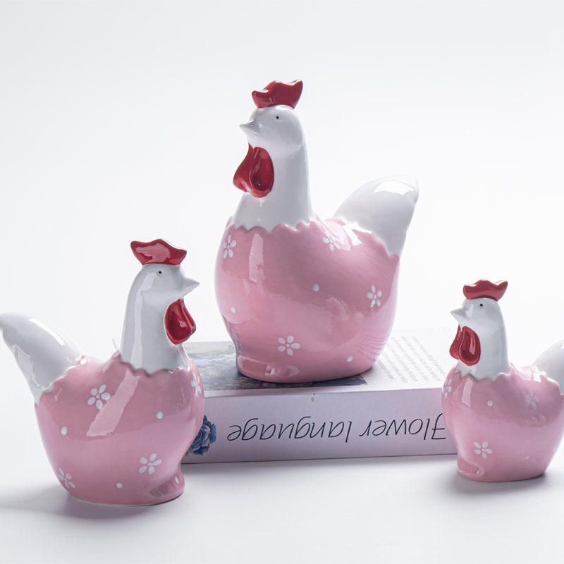 Cute Pink Floral Rooster Ceramic Figurine Set, Mantel Decor