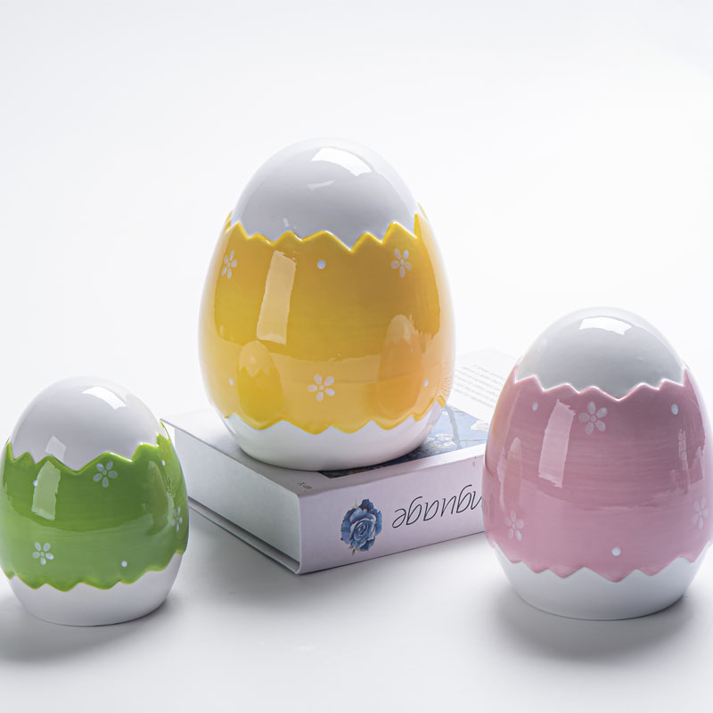 Glossy Cracked‑Shell Ceramic Easter Egg Figurine Set, Pastel Floral Print Spring Tabletop Home Decor