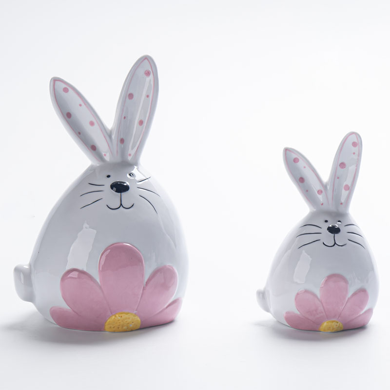 Chubby Pink Flower Bunny Ceramic Figurine, Polka Dot Ears
