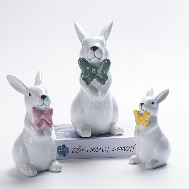 White Ceramic Bow-Tie Sitting Rabbit Figurine | Pink / Green / Yellow Polka Dot Bow Tie | Fresh Spring Gift
